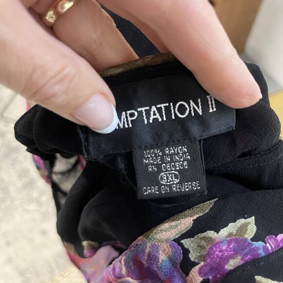 Temptations II Blouse Tunic Plus size 3XL Black Pink Purple Floral Fringe Church - Picture 8 of 8